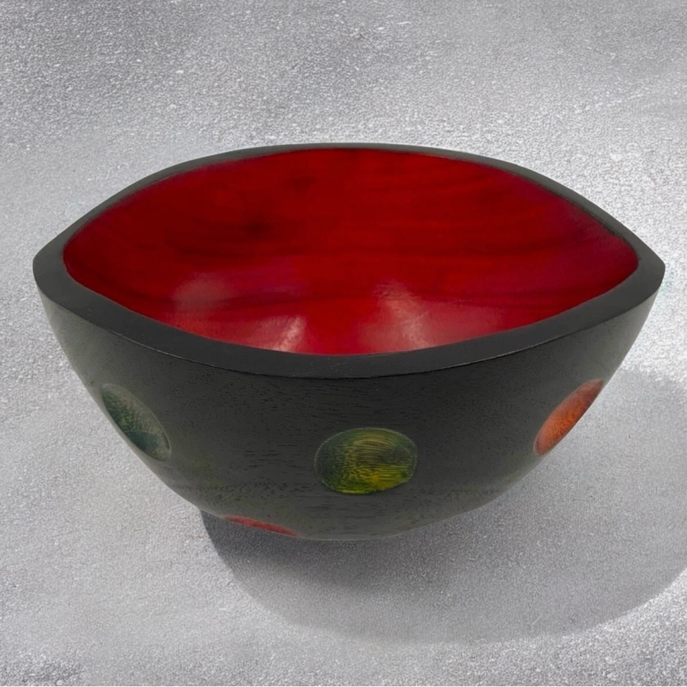 Hand Carved Wood Bowl Decor, Hand Painted Black, Red And Muti-colored Polka Dots - Picture 7 of 8